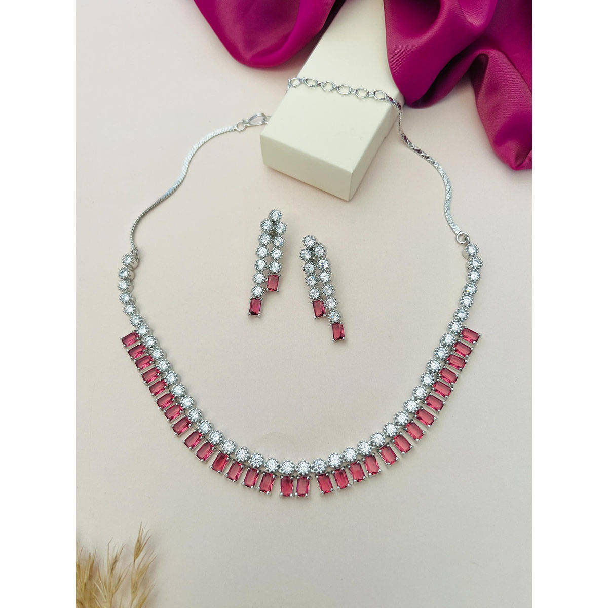 Abdesigns Red Silver Plated American Diamond Jewellery Set
