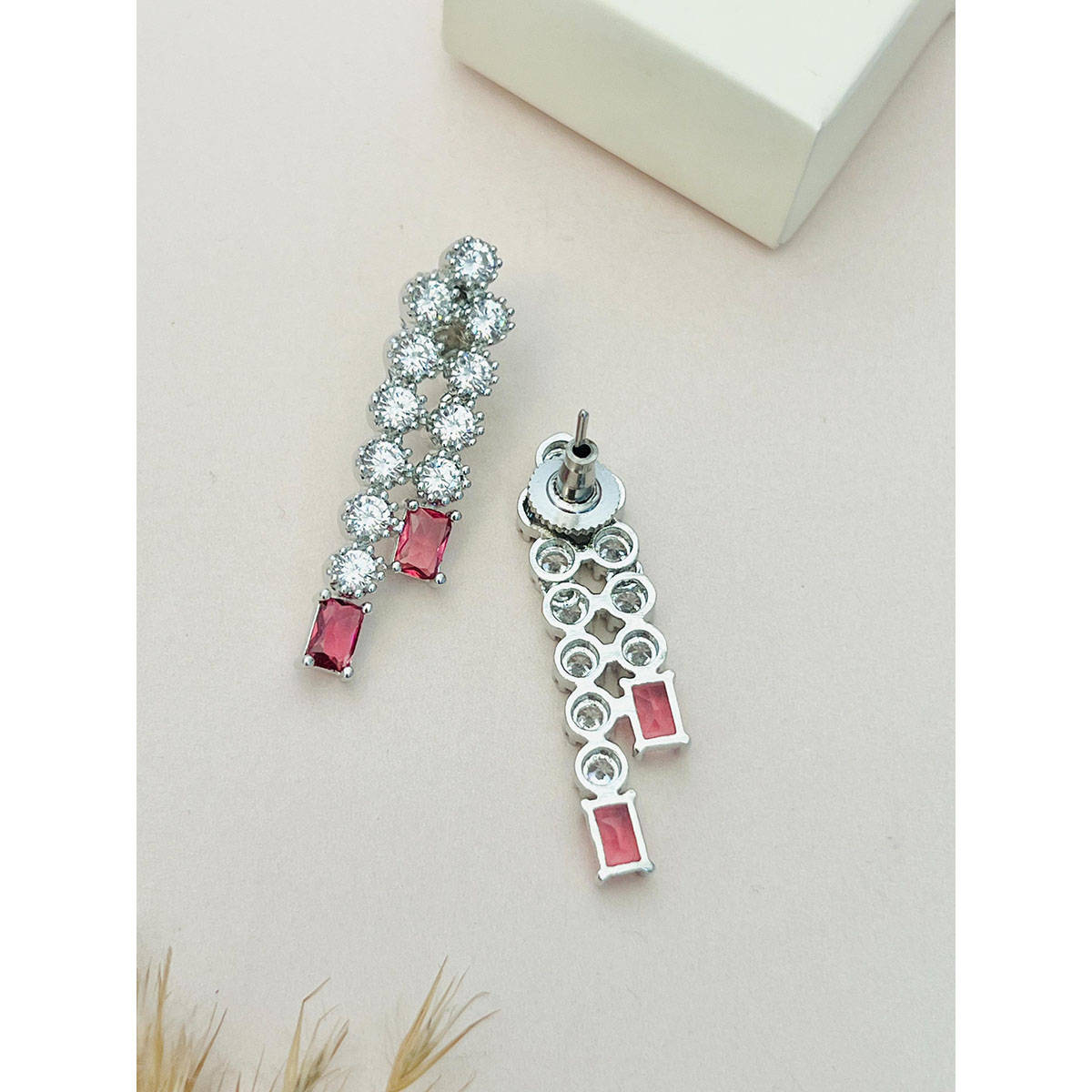 Abdesigns Red Silver Plated American Diamond Jewellery Set