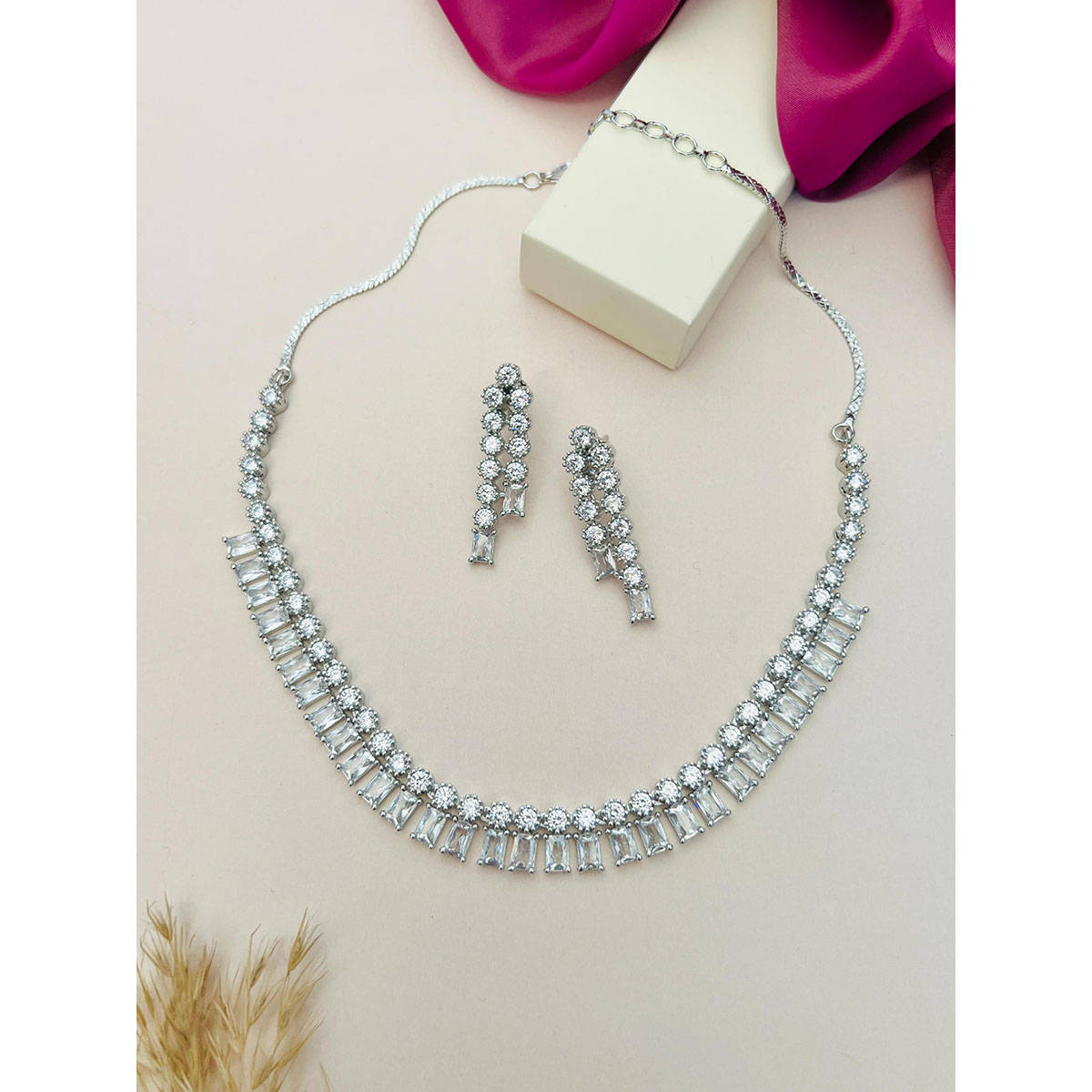 Abdesigns White Silver Plated American Diamond Jewellery Set
