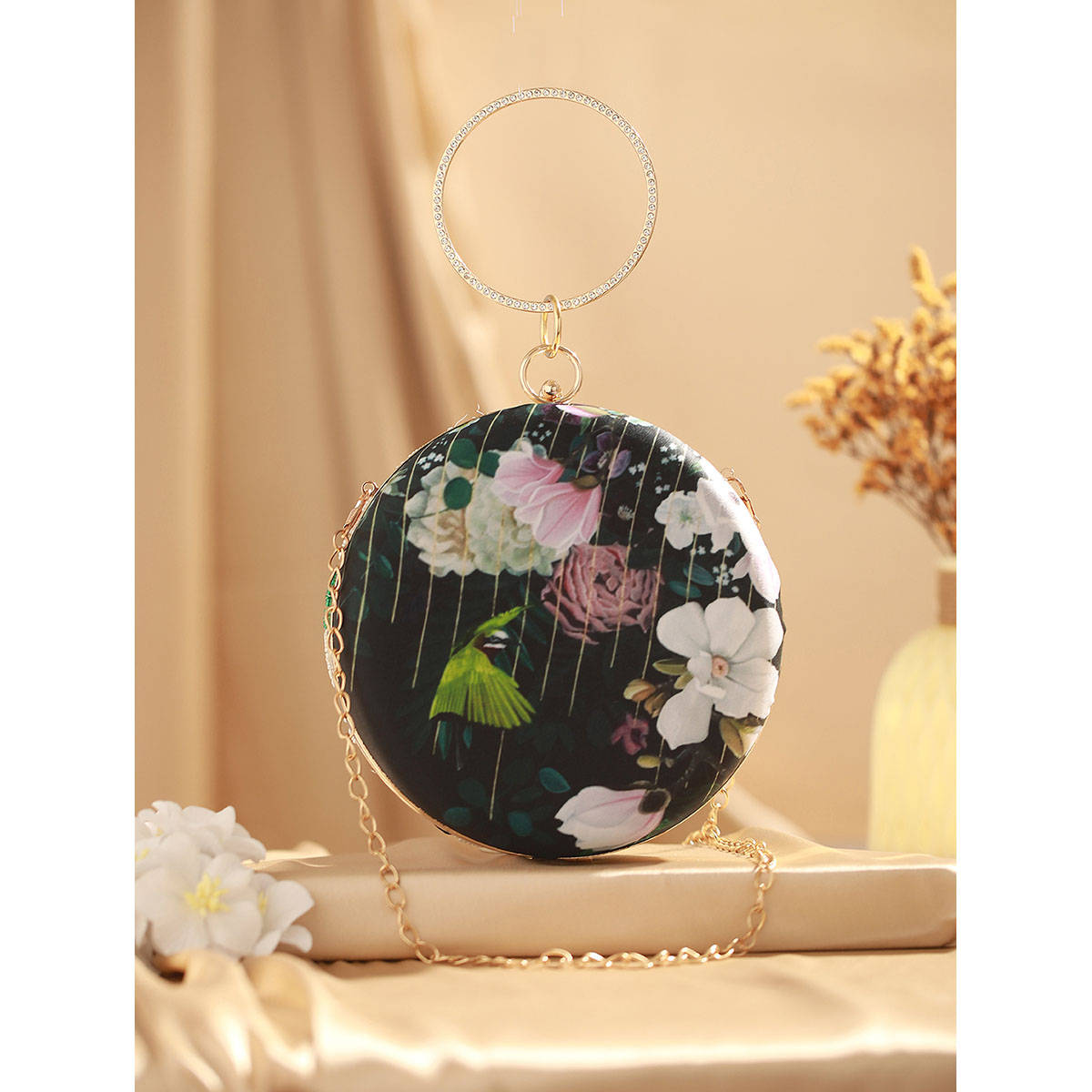 Aatmana Embroidered Flower Motif Sequined Round Clutch · Free Size