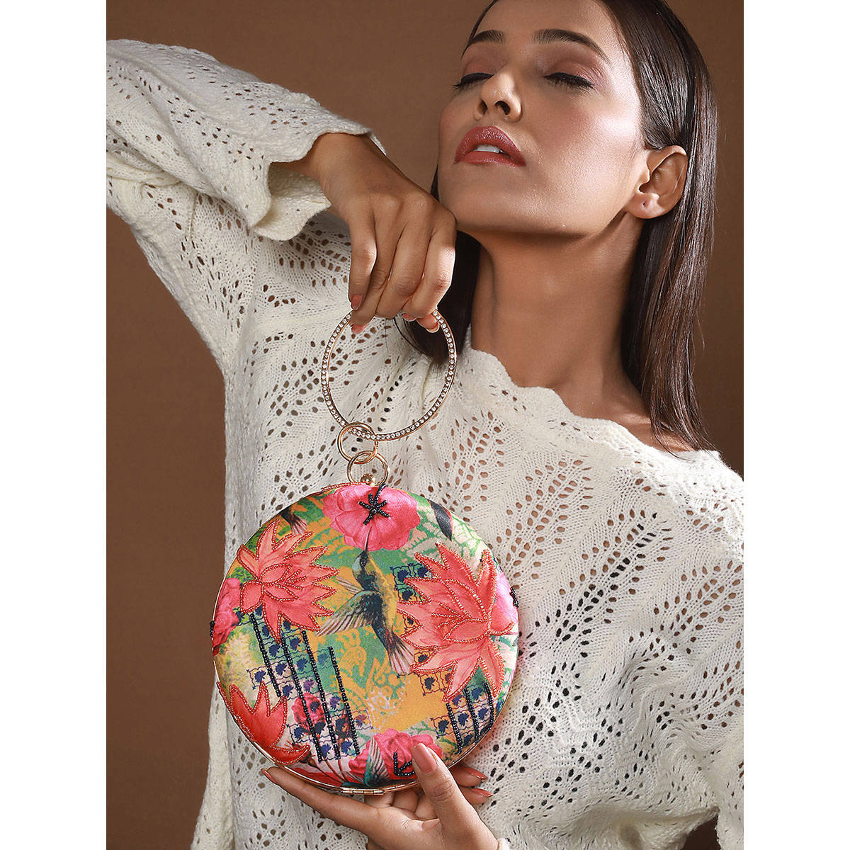 Aatmana Sequined Printed Lotus Motif Round Clutch