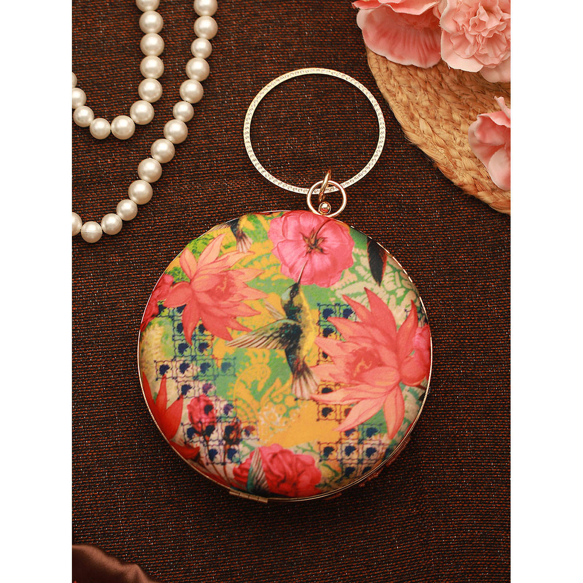 Aatmana Sequined Printed Lotus Motif Round Clutch