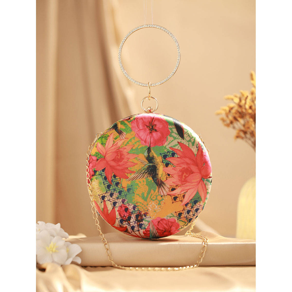Aatmana Sequined Printed Lotus Motif Round Clutch
