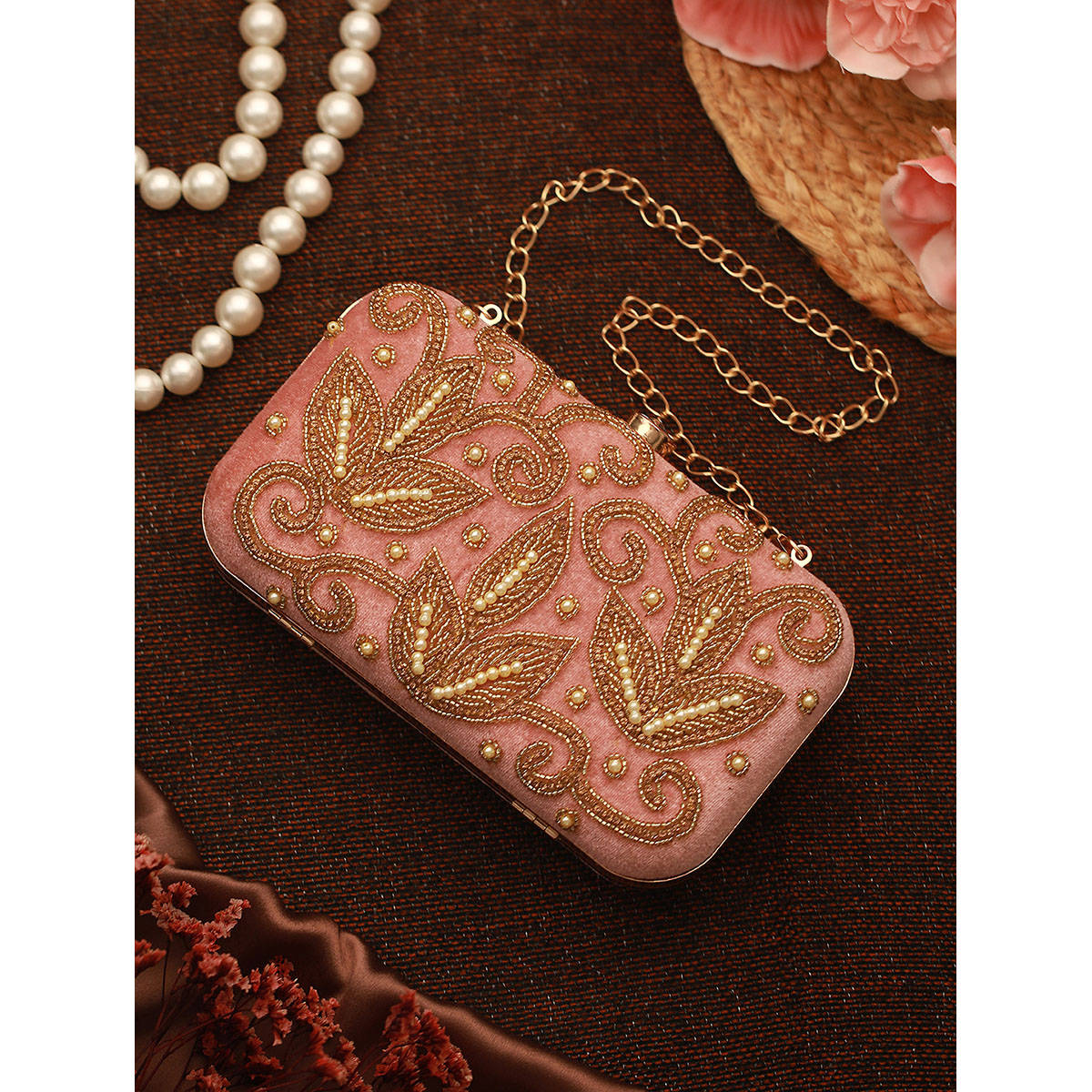 Aatmana Pink & Gold-Toned Embroidered Purse Clutch