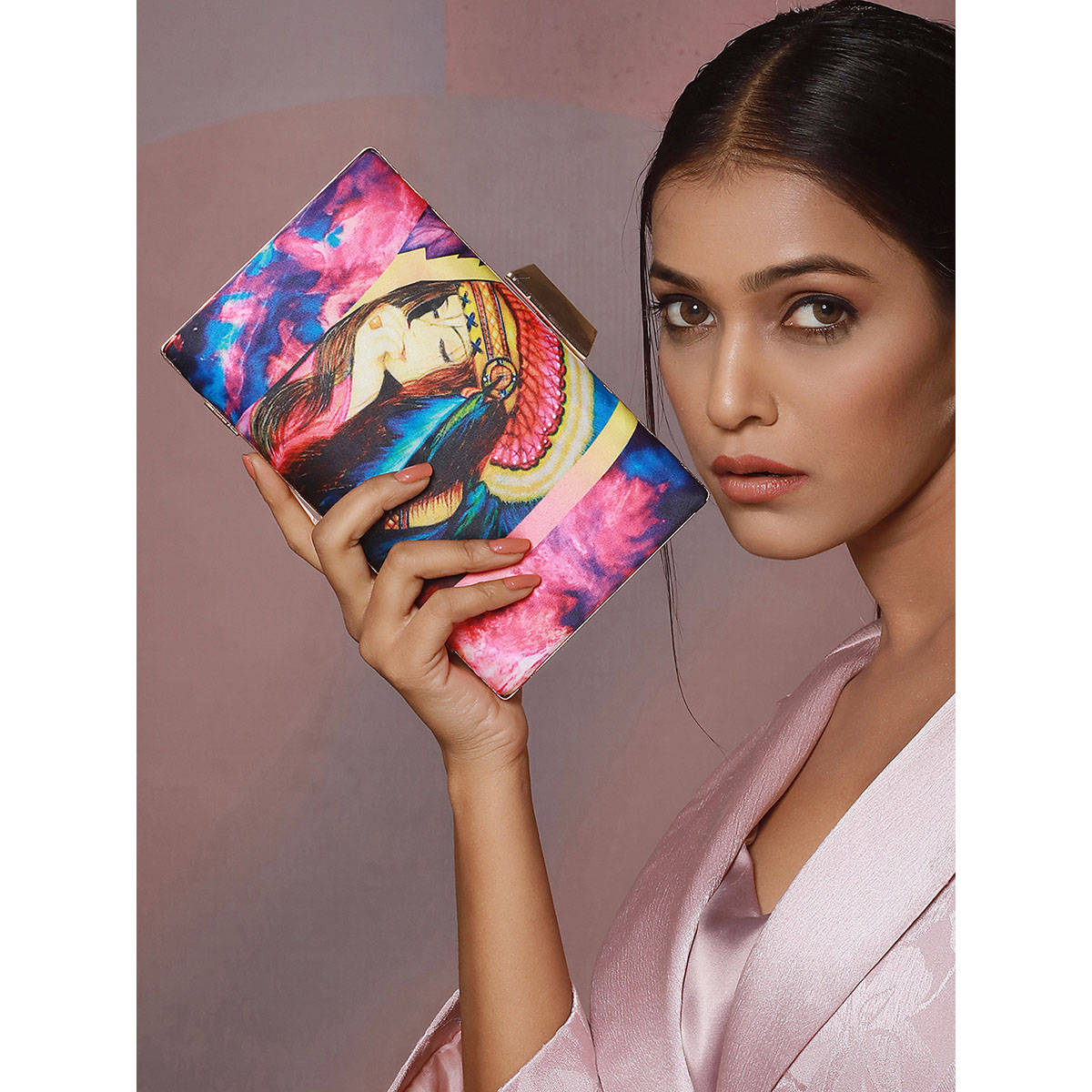 Aatmana Pink & Blue Classic Girl Motif Printed Box Clutch