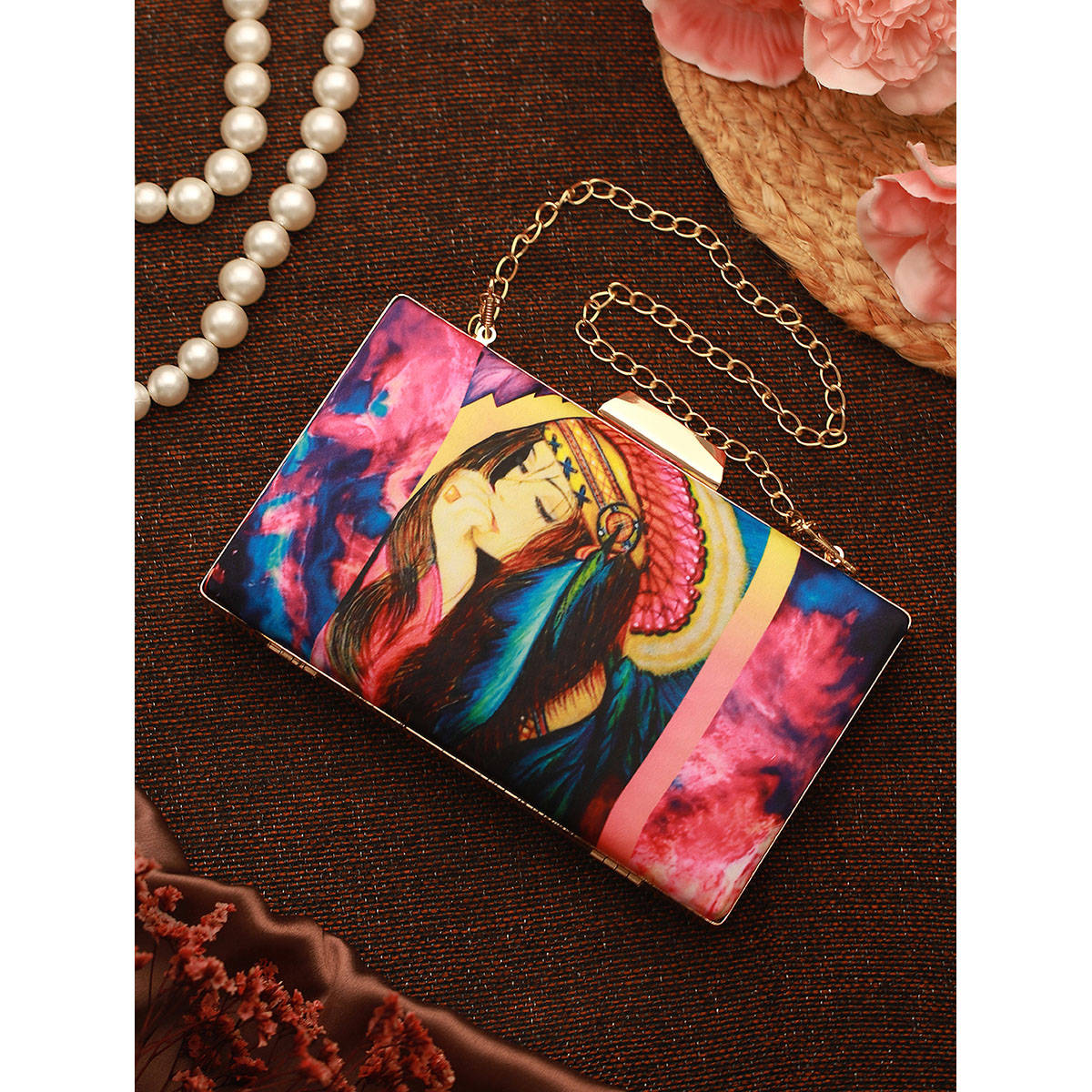 Aatmana Pink & Blue Classic Girl Motif Printed Box Clutch · Free Size
