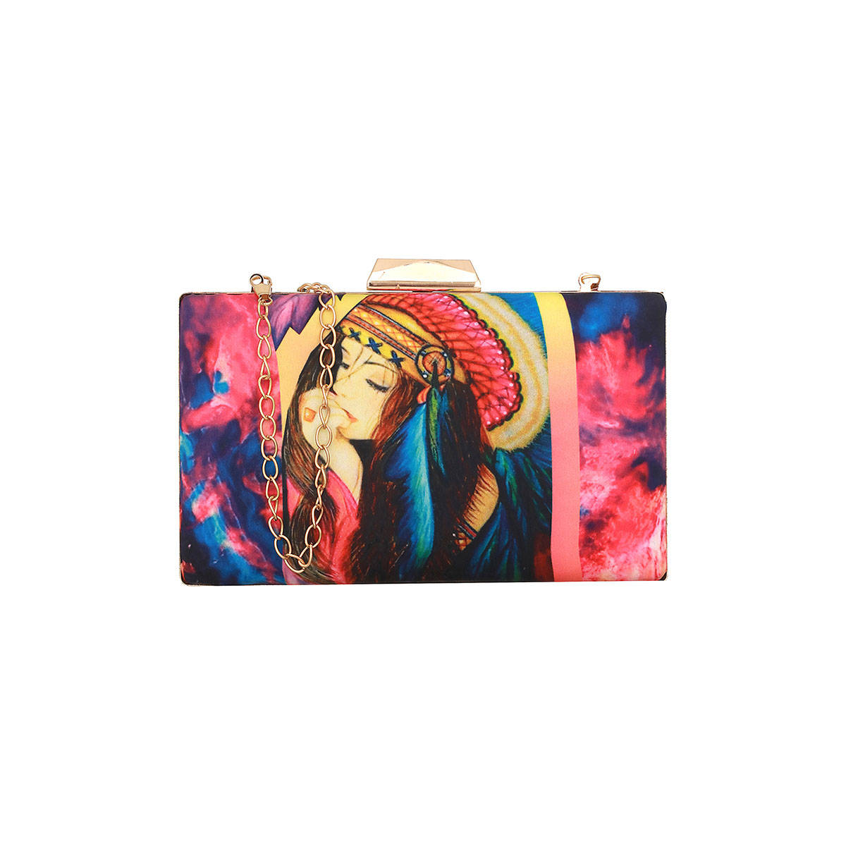 Aatmana Pink & Blue Classic Girl Motif Printed Box Clutch