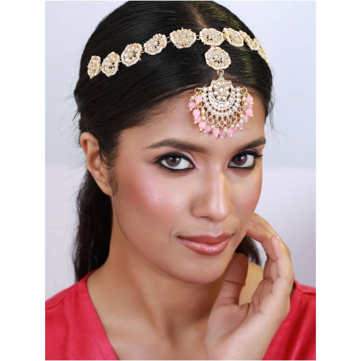 Aatmana Gold Plated Pink Kundan & Pearl Studded & Bridal Mathapatti Head Jewellery