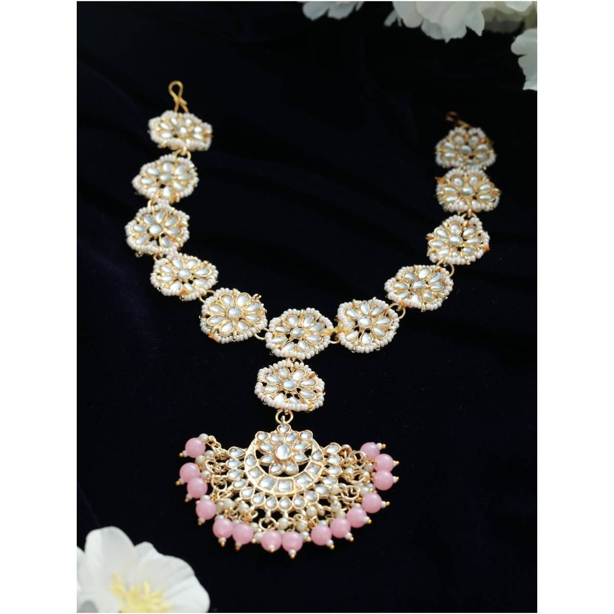Aatmana Gold Plated Pink Kundan & Pearl Studded & Bridal Mathapatti Head Jewellery