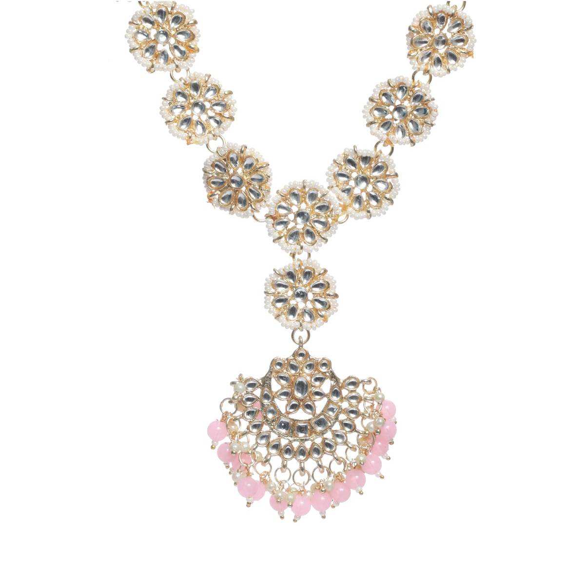 Aatmana Gold Plated Pink Kundan & Pearl Studded & Bridal Mathapatti Head Jewellery