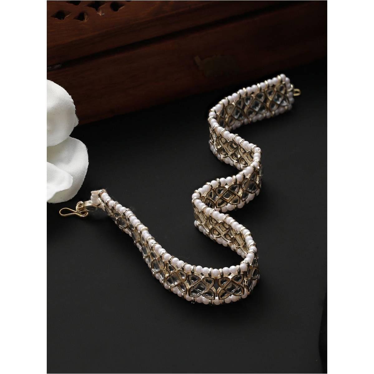 Aatmana Silver Plated White Kundan Studded & Beaded Matha Patti