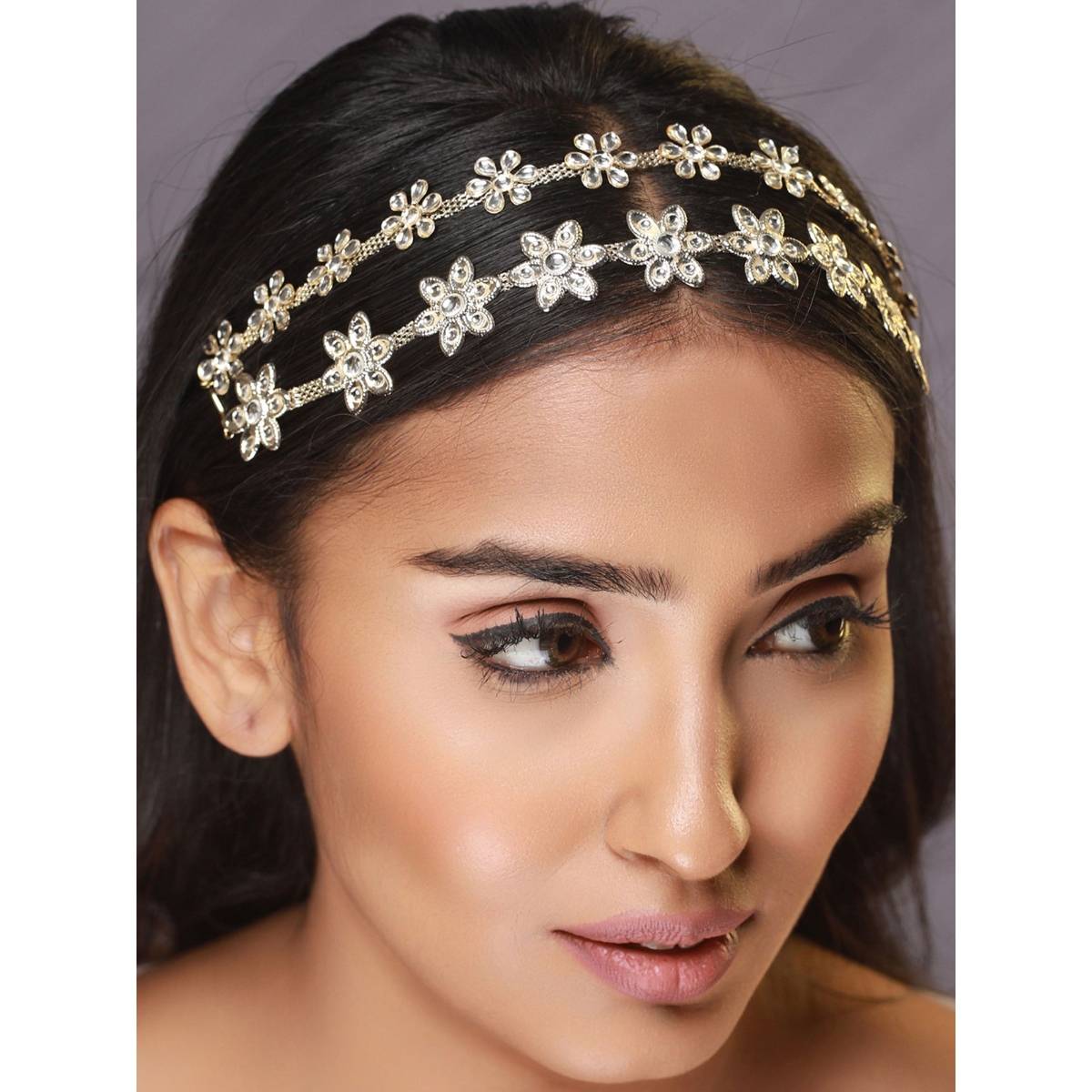 Aatmana Set Of 2 Silver Plated White Stone Studded & Floral Pattern Matha Patti
