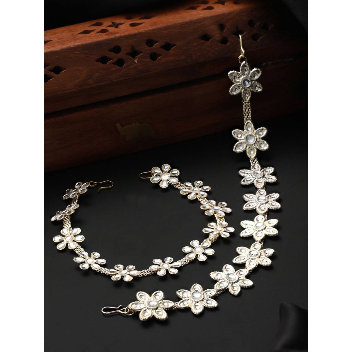 Aatmana Set Of 2 Silver Plated White Stone Studded & Floral Pattern Matha Patti