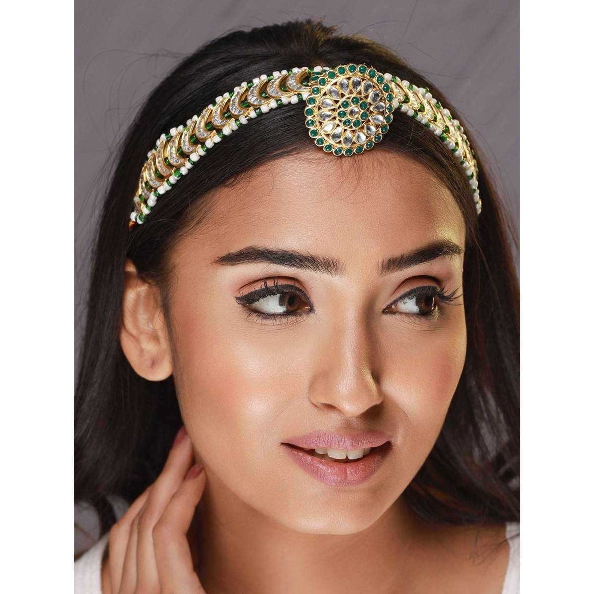 Aatmana Gold Plated Green & White Stone Studded & Pearl Beaded Meenakari Matha Patti