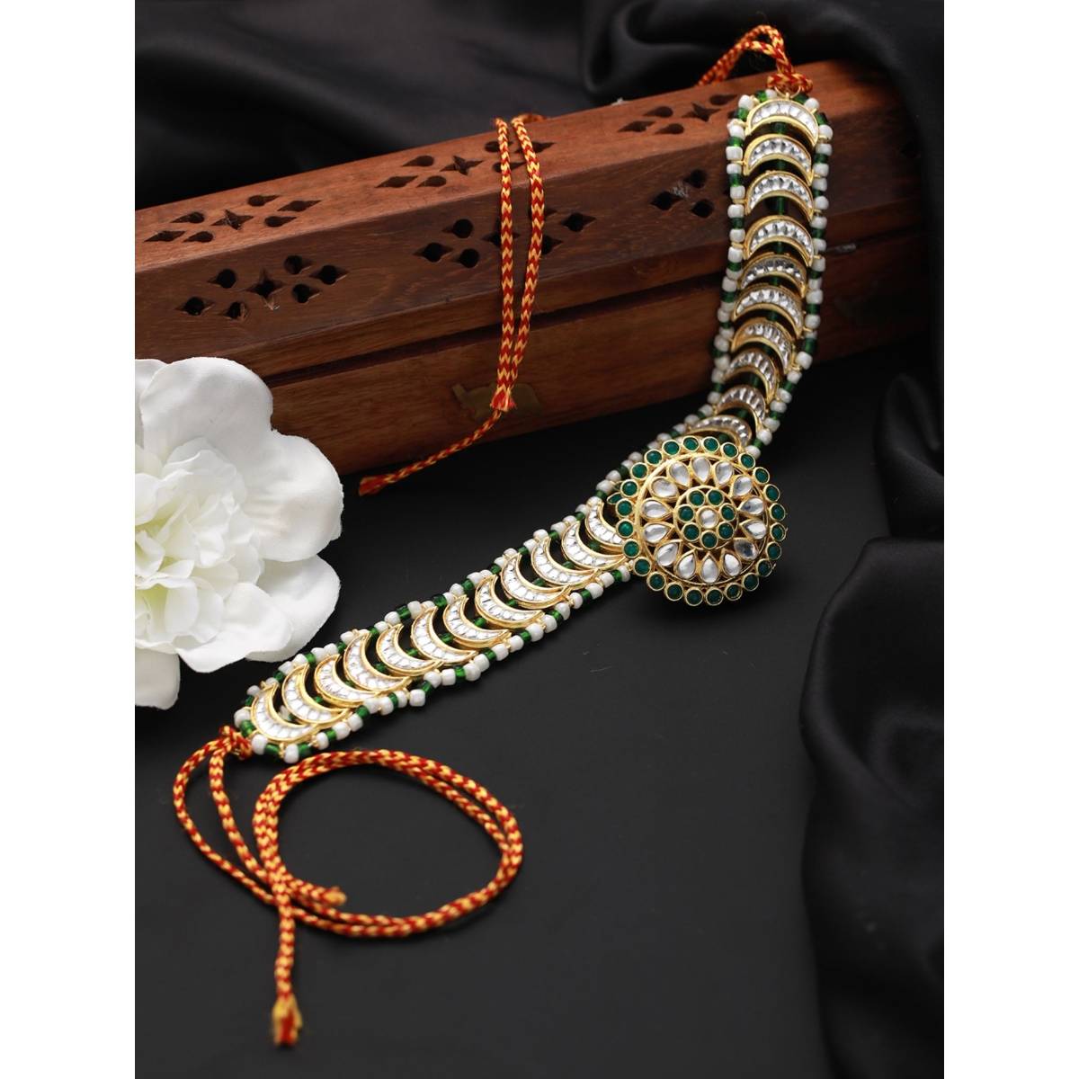 Aatmana Gold Plated Green & White Stone Studded & Pearl Beaded Meenakari Matha Patti