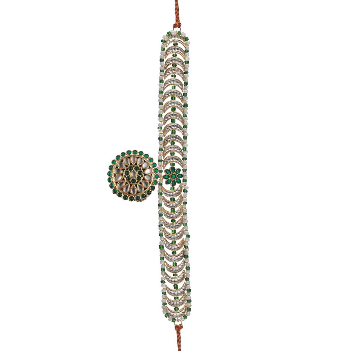 Aatmana Gold Plated Green & White Stone Studded & Pearl Beaded Meenakari Matha Patti