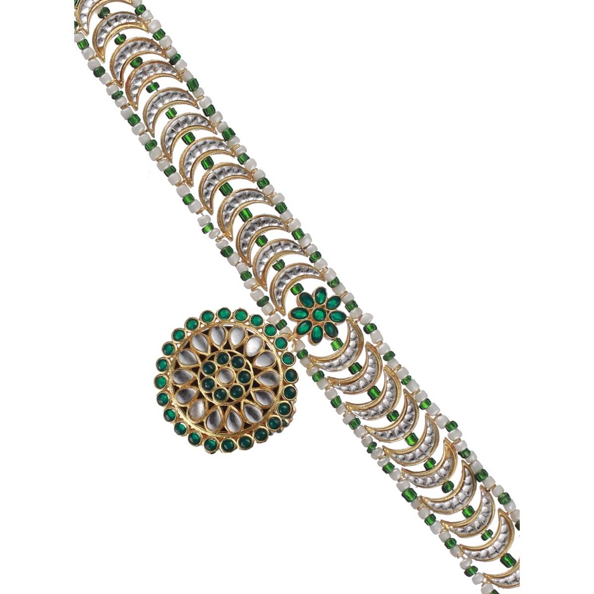 Aatmana Gold Plated Green & White Stone Studded & Pearl Beaded Meenakari Matha Patti