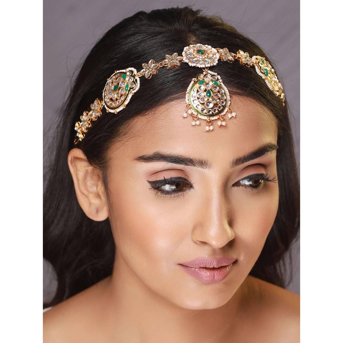 Aatmana Gold Plated Green & White Kundan Studded & Pearl Beaded Meenakari Mathapatti · One Size