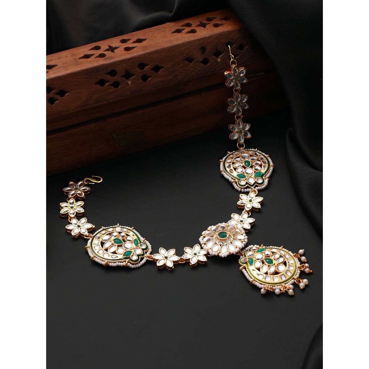 Aatmana Gold Plated Green & White Kundan Studded & Pearl Beaded Meenakari Mathapatti