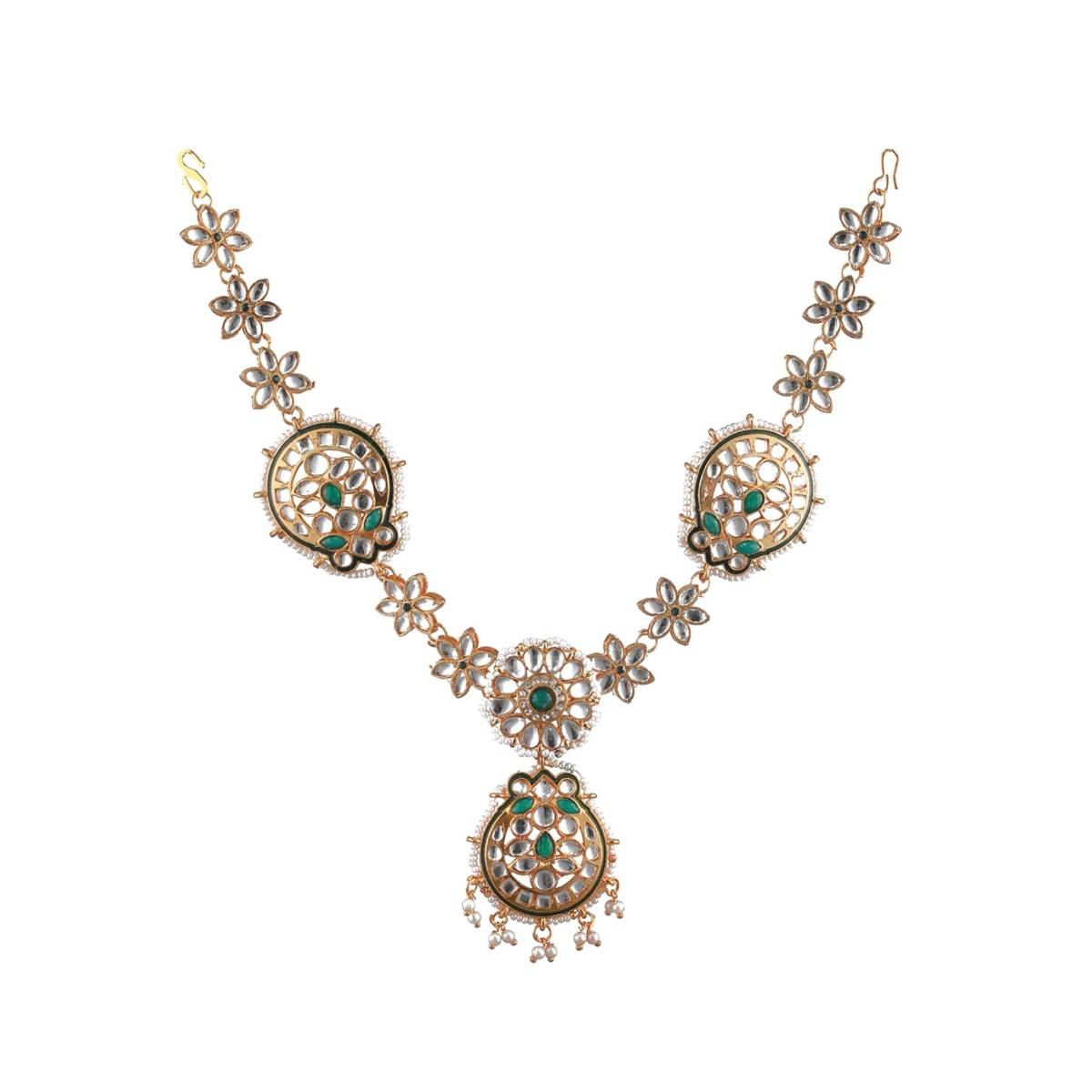 Aatmana Gold Plated Green & White Kundan Studded & Pearl Beaded Meenakari Mathapatti