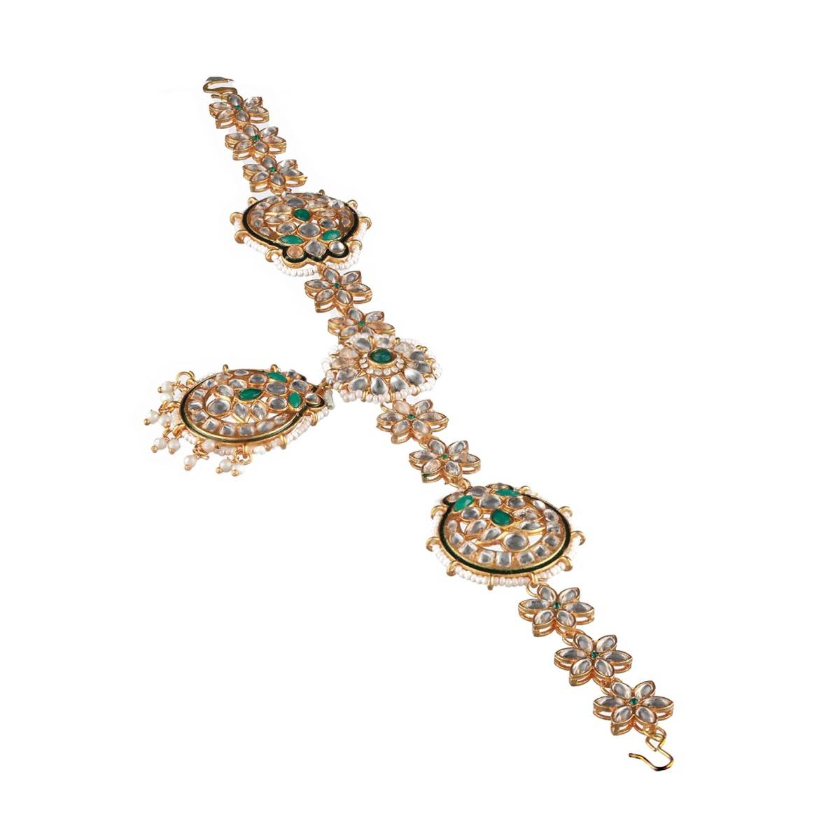 Aatmana Gold Plated Green & White Kundan Studded & Pearl Beaded Meenakari Mathapatti