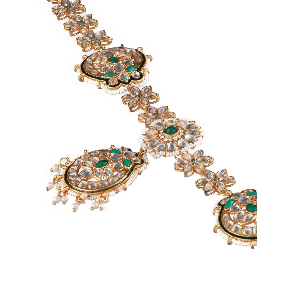 Aatmana Gold Plated Green & White Kundan Studded & Pearl Beaded Meenakari Mathapatti