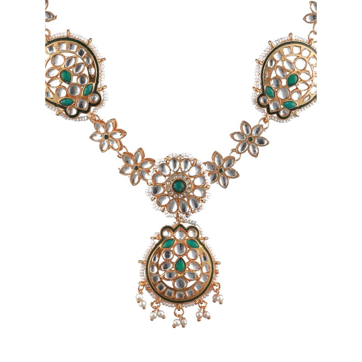 Aatmana Gold Plated Green & White Kundan Studded & Pearl Beaded Meenakari Mathapatti