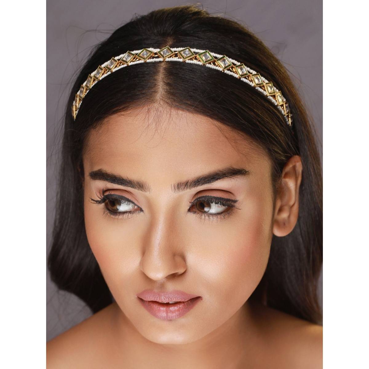 Aatmana Gold Plated White Kundan Studded & Pearl Beaded Rajputi Matha Patti