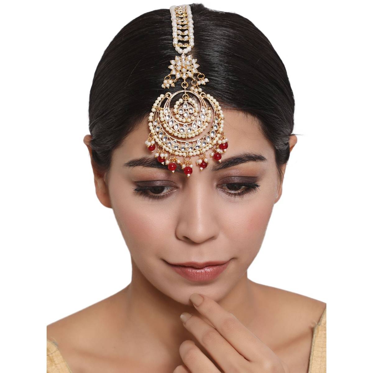 Aatmana Gold Toned Maroon & White Kundan Stone Studded & Pearls Traditional Maangtikka