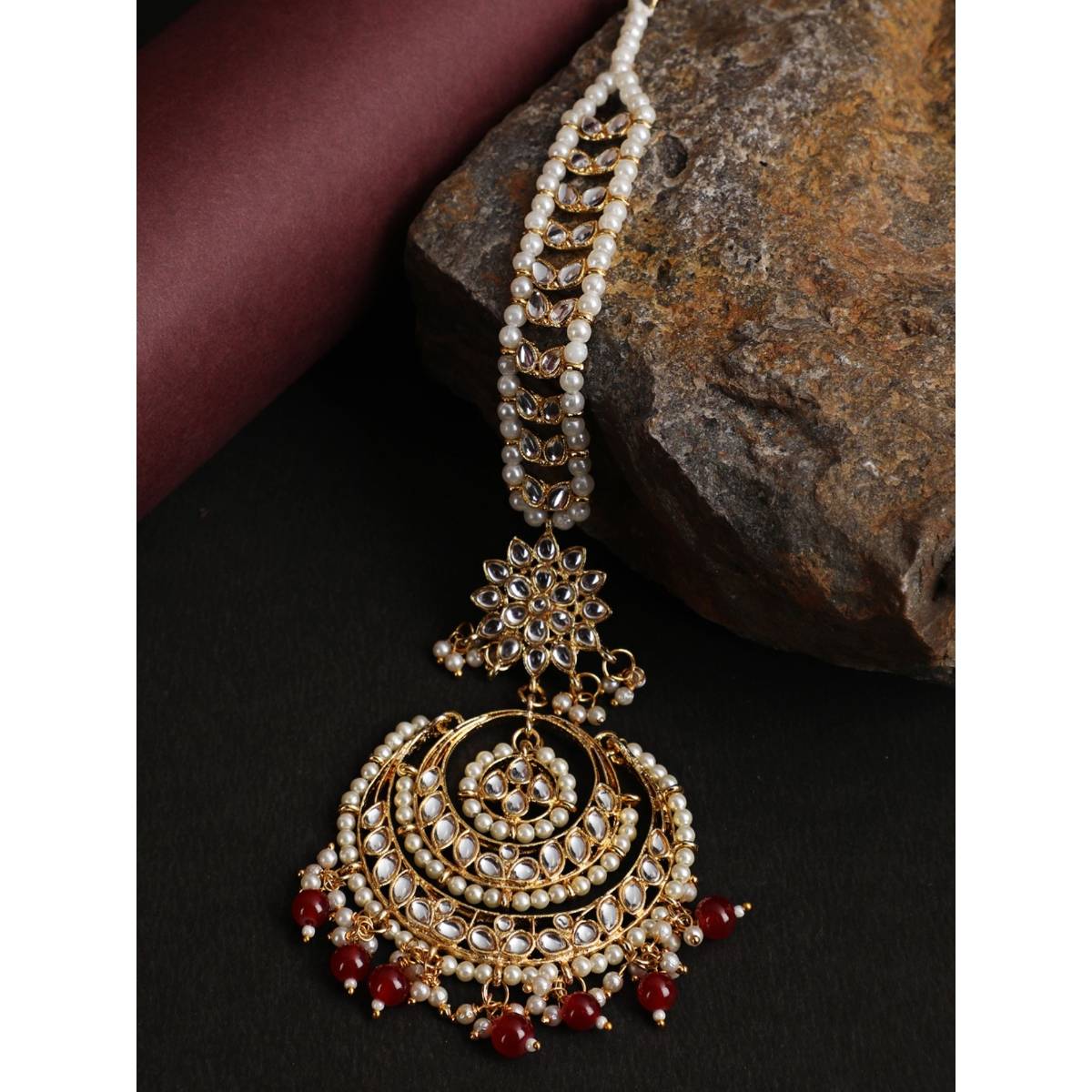Aatmana Gold Toned Maroon & White Kundan Stone Studded & Pearls Traditional Maangtikka
