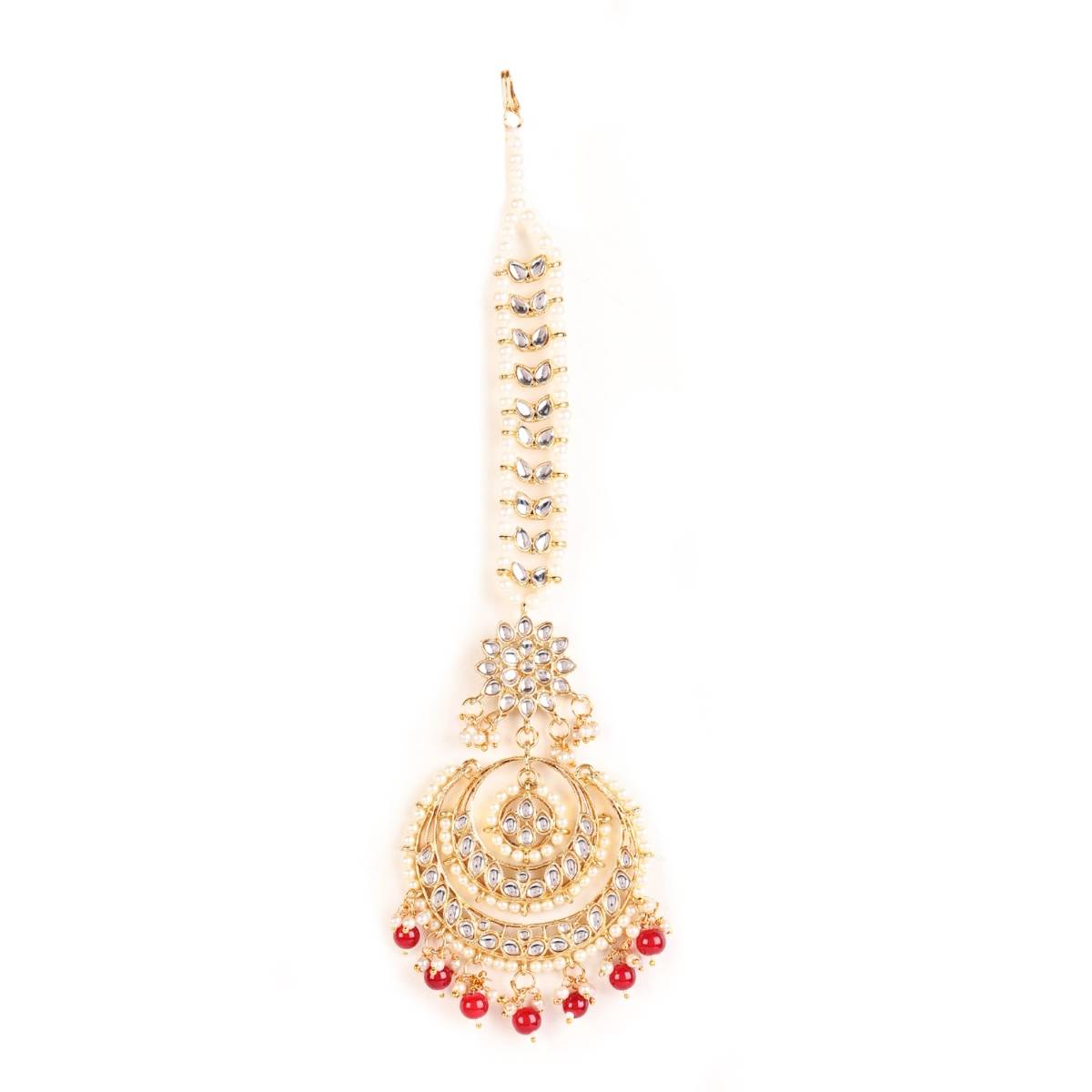Aatmana Gold Toned Maroon & White Kundan Stone Studded & Pearls Traditional Maangtikka
