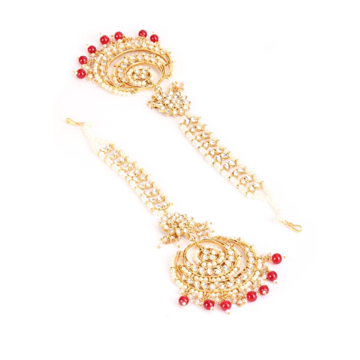 Aatmana Gold Toned Maroon & White Kundan Stone Studded & Pearls Traditional Maangtikka