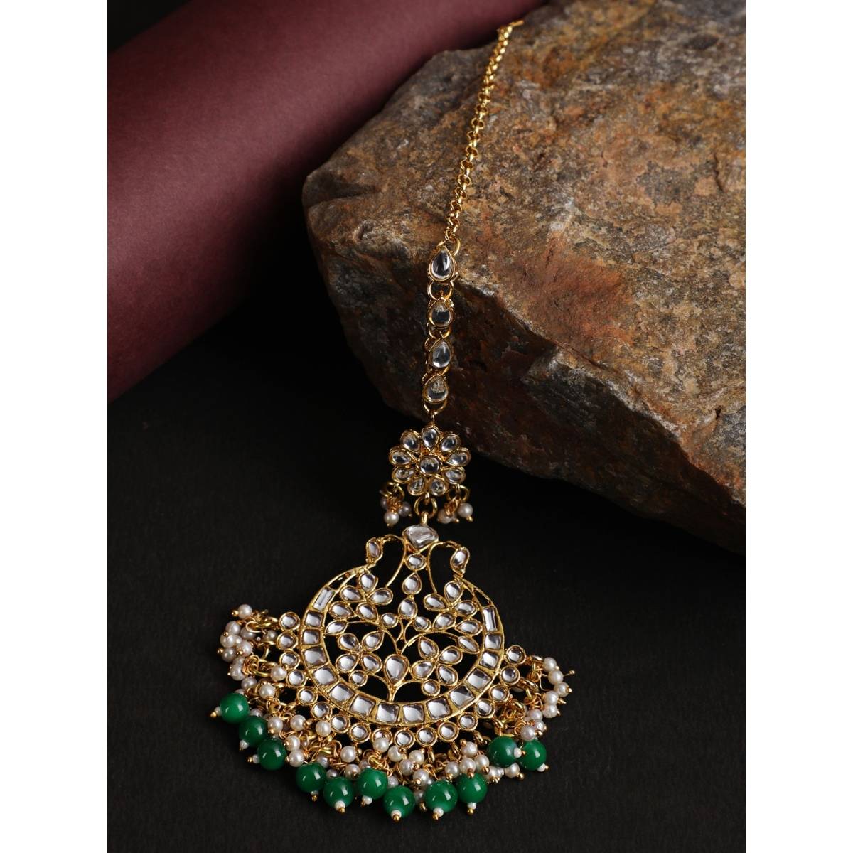 Aatmana Gold Toned Green & White Kundan Stone Studded & Pearls Beaded Maangtikka