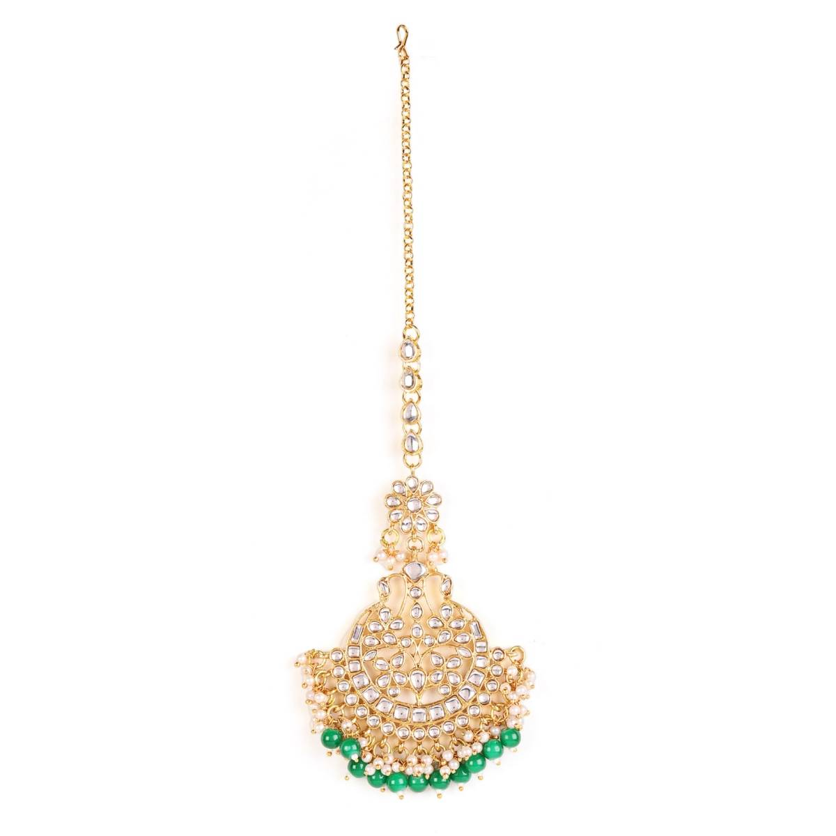 Aatmana Gold Toned Green & White Kundan Stone Studded & Pearls Beaded Maangtikka