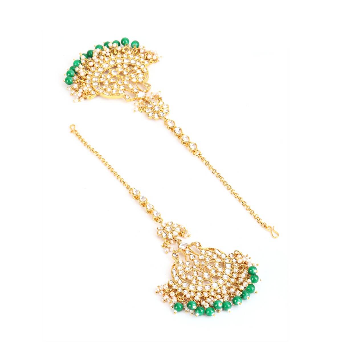 Aatmana Gold Toned Green & White Kundan Stone Studded & Pearls Beaded Maangtikka