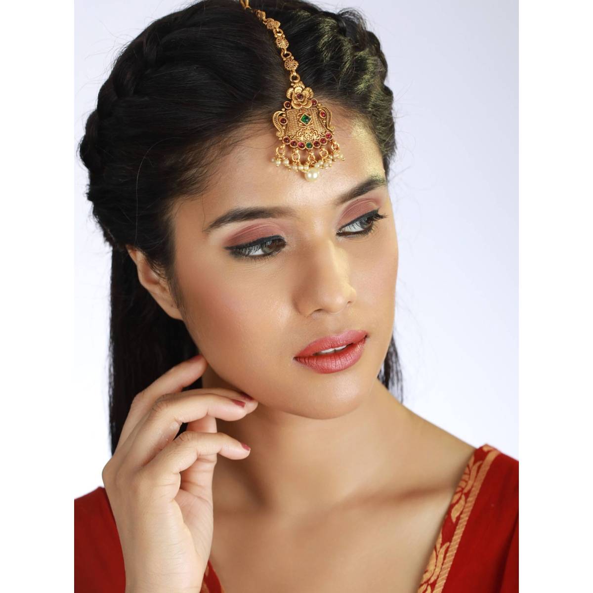 Aatmana Gold Plated Green & Red Stone Studded & Beaded Floral Temple Maangtikka