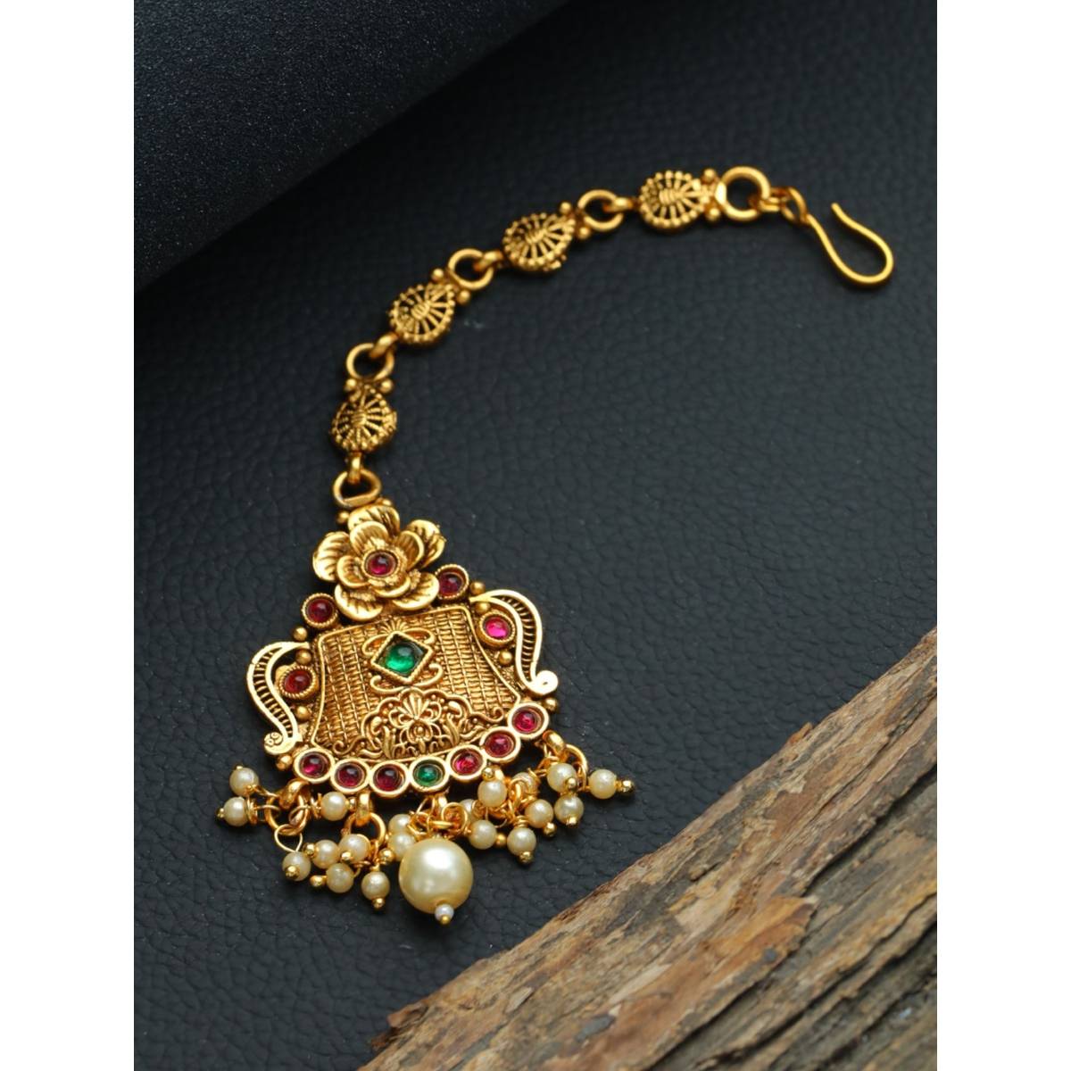 Aatmana Gold Plated Green & Red Stone Studded & Beaded Floral Temple Maangtikka