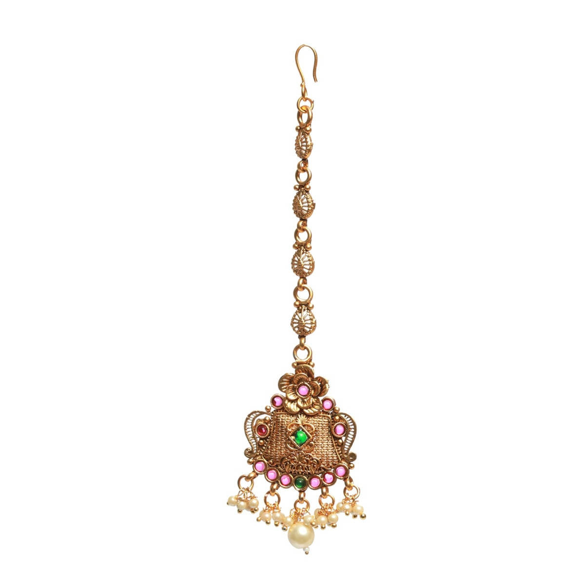 Aatmana Gold Plated Green & Red Stone Studded & Beaded Floral Temple Maangtikka