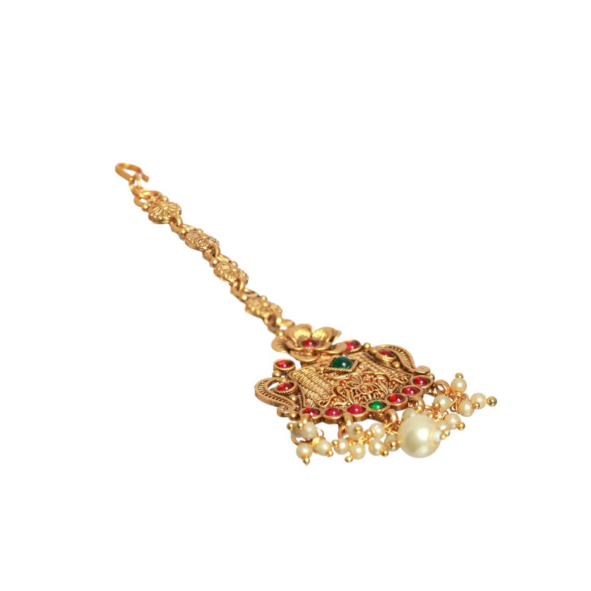 Aatmana Gold Plated Green & Red Stone Studded & Beaded Floral Temple Maangtikka