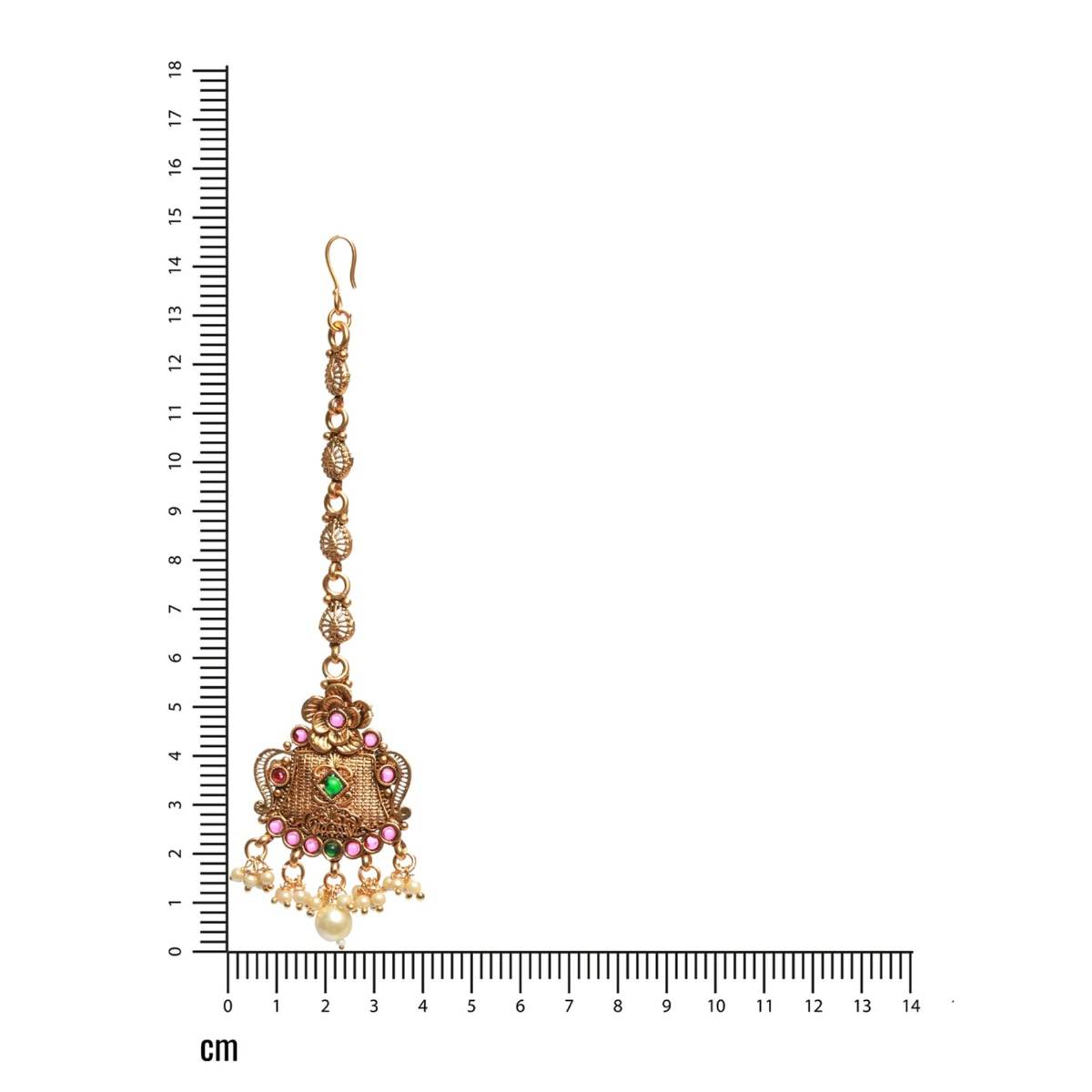 Aatmana Gold Plated Green & Red Stone Studded & Beaded Floral Temple Maangtikka