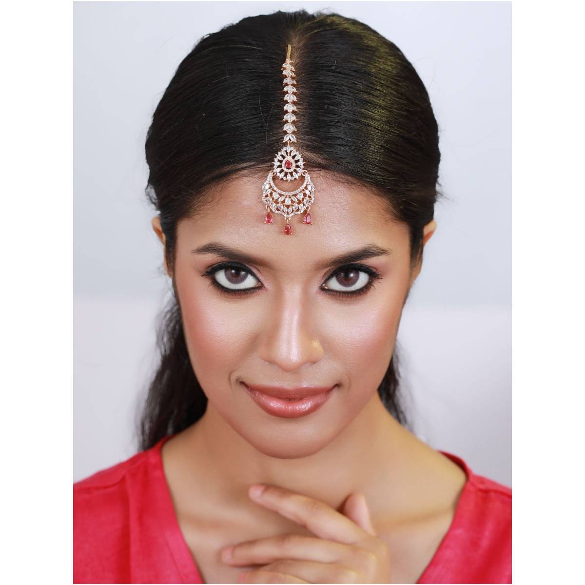 Aatmana Rose Gold Plated Magenta Ad Studded & White Ad Floral Studded Maangtikka