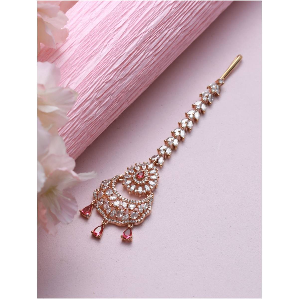 Aatmana Rose Gold Plated Magenta Ad Studded & White Ad Floral Studded Maangtikka