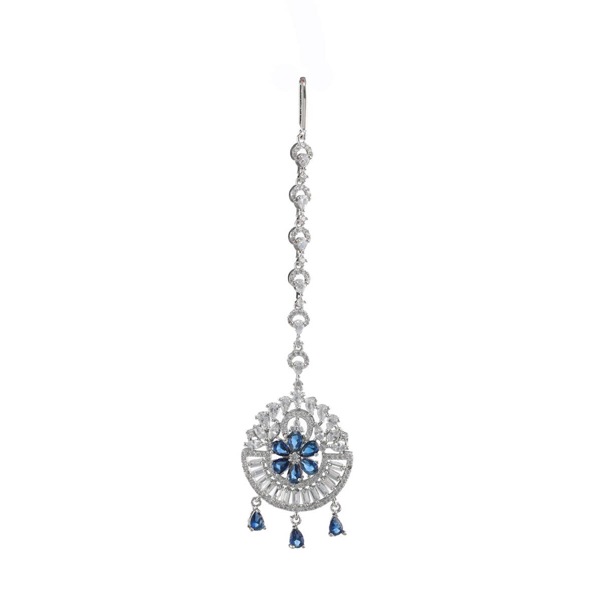 Aatmana Rhodium Plated Blue & White Ad Studded Floral Maangtikka