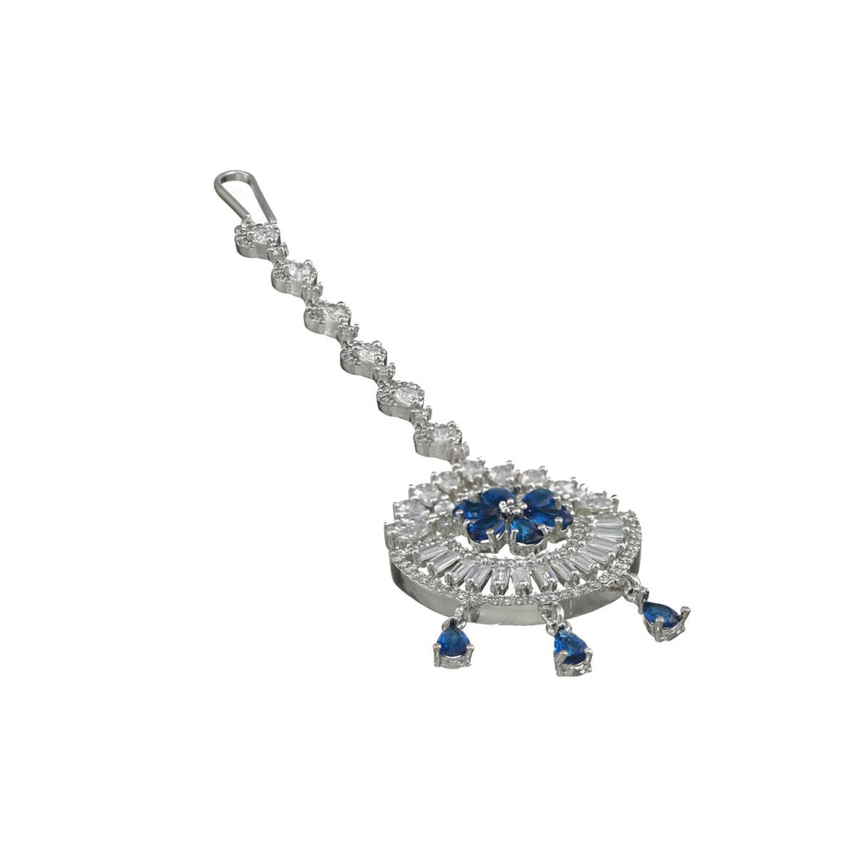 Aatmana Rhodium Plated Blue & White Ad Studded Floral Maangtikka