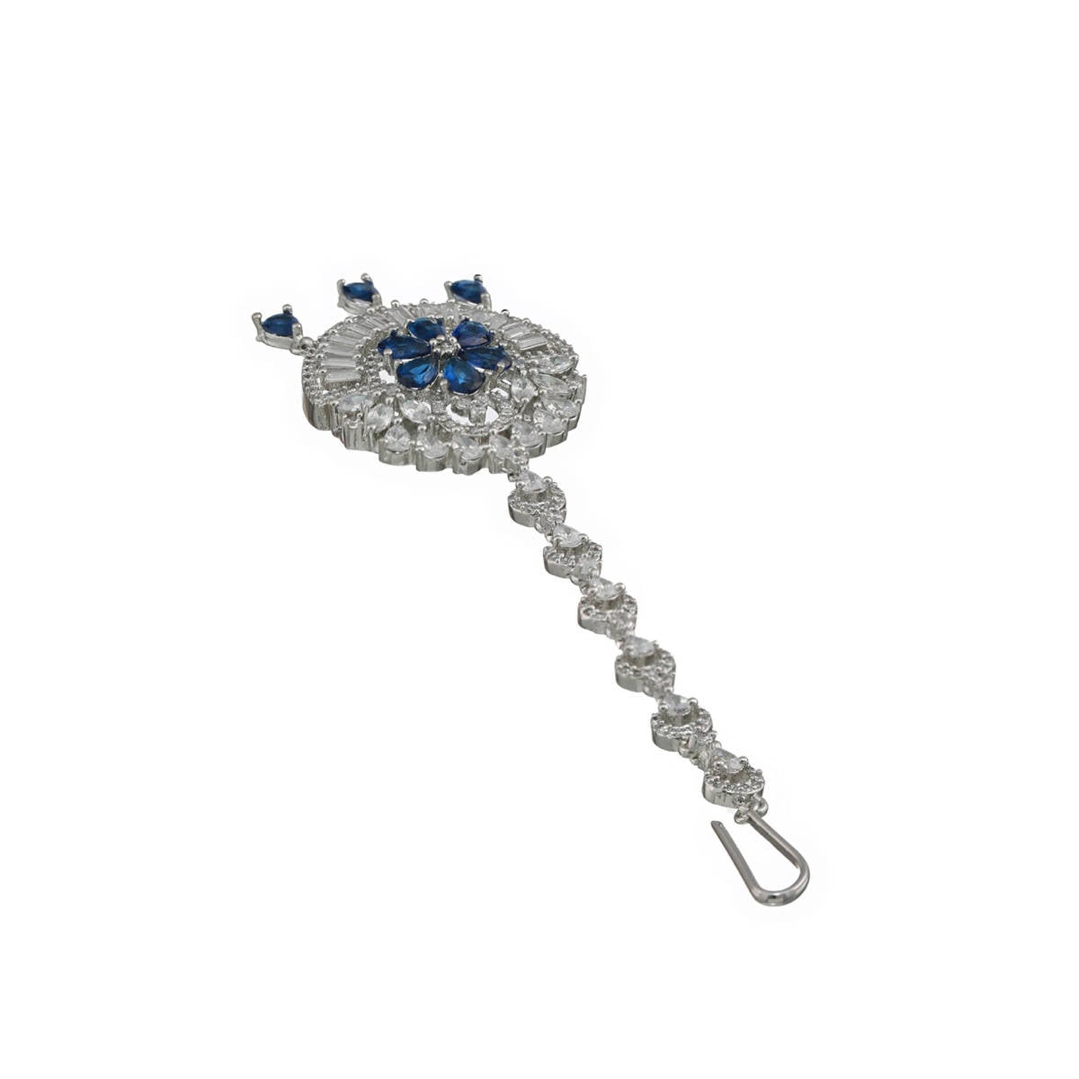 Aatmana Rhodium Plated Blue & White Ad Studded Floral Maangtikka