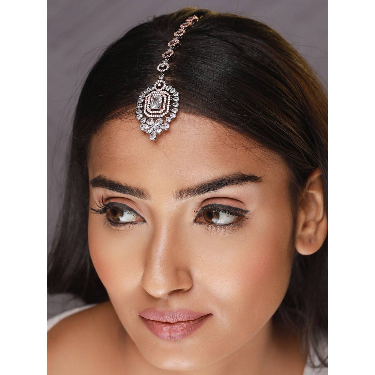 Aatmana Silver Plated Dual Toned American Diamond Studded Maangtikka
