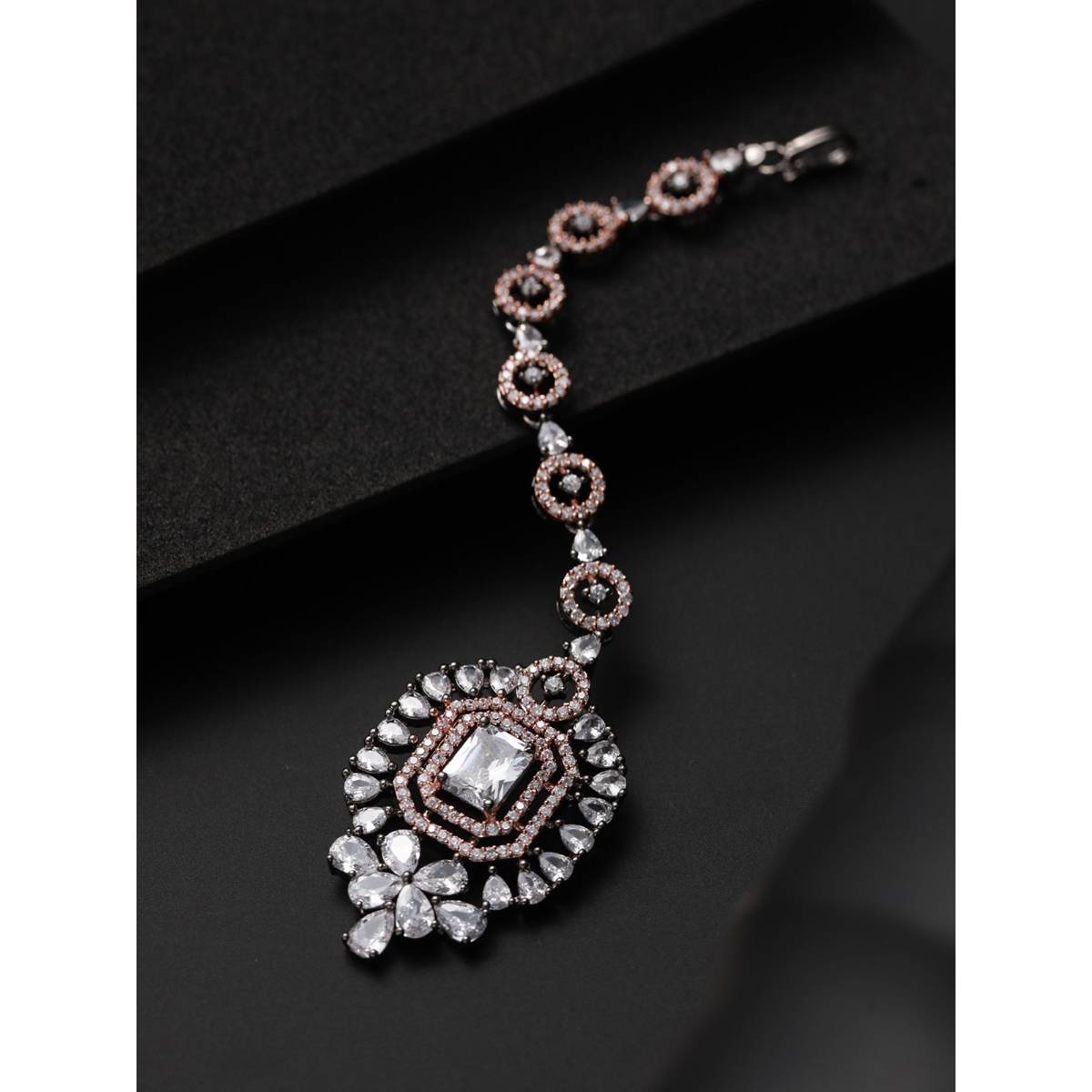 Aatmana Silver Plated Dual Toned American Diamond Studded Maangtikka