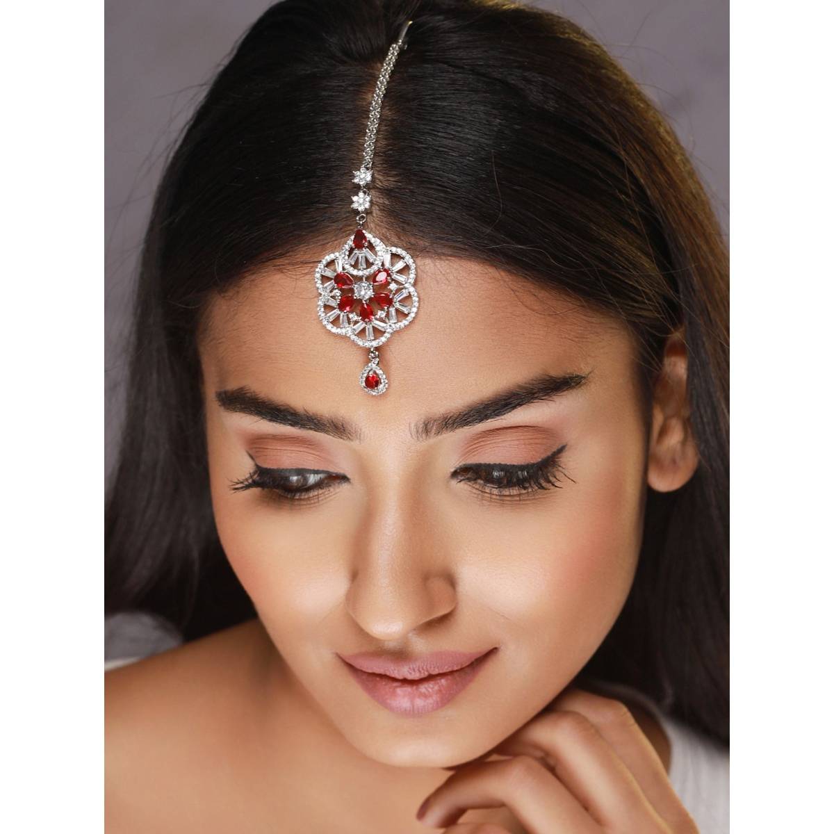 Aatmana Women Silver Plated Red & White American Diamond Studded Handcrafted Maangtikka