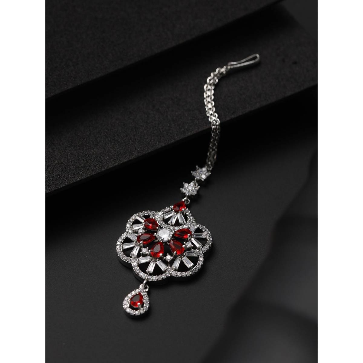 Aatmana Women Silver Plated Red & White American Diamond Studded Handcrafted Maangtikka · One Size