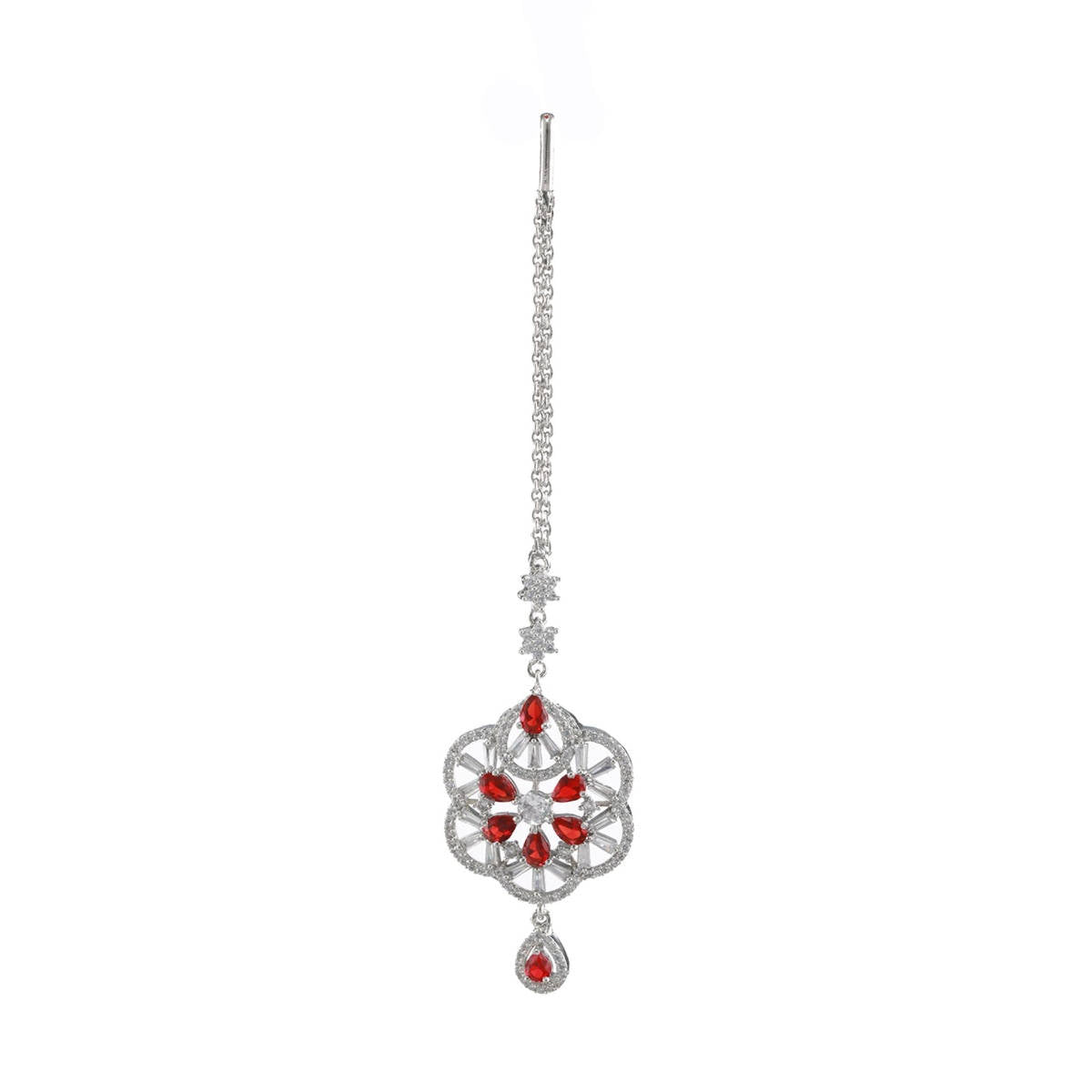 Aatmana Women Silver Plated Red & White American Diamond Studded Handcrafted Maangtikka